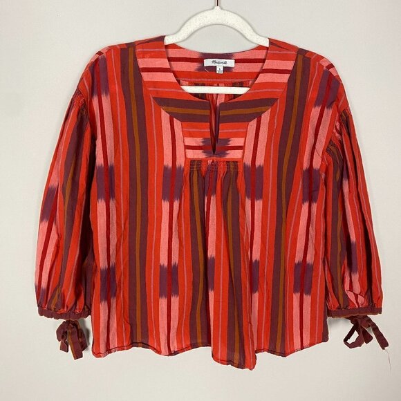 Madewell Ikat Peasant Popover Top Shirt Blouse Womens Small Red Balloon Sleeves - Picture 2 of 8